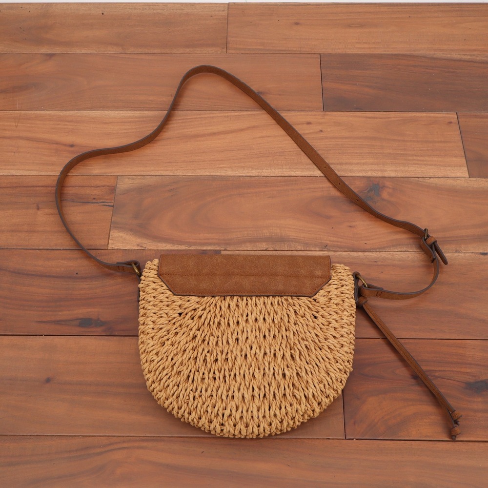 Sun N Sand Tan Woven Straw Crossbody Bag Brown Faux Suede Flap Half Moon Purse - Picture 3 of 5